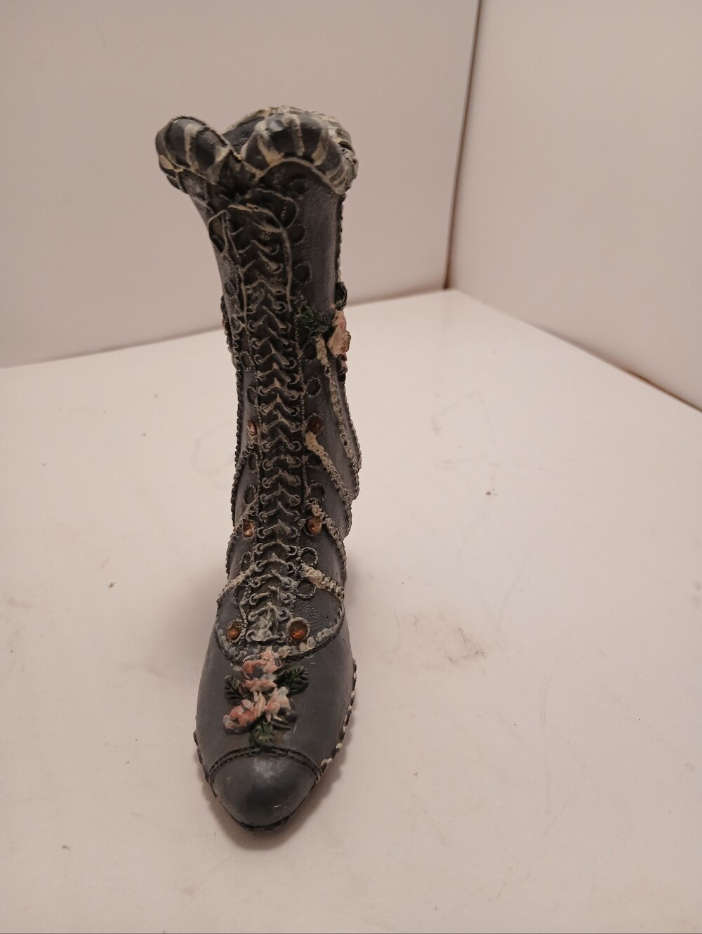 Ornate Lace-Up High Boot with Pink Floral Embroidery - Gray